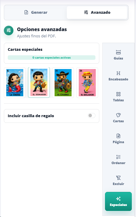 Panel de cartas especiales con La Sirena, El Domador, El Charro y El Bailador