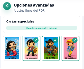 Panel de Especiales con tres variantes activas: El Domador, El Charro y El Bailador