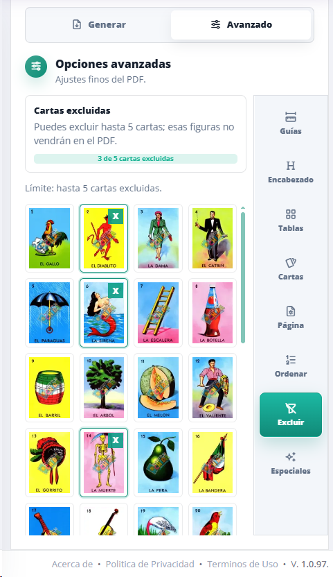Panel Excluir con tres de cinco cartas marcadas y el límite de exclusiones visible