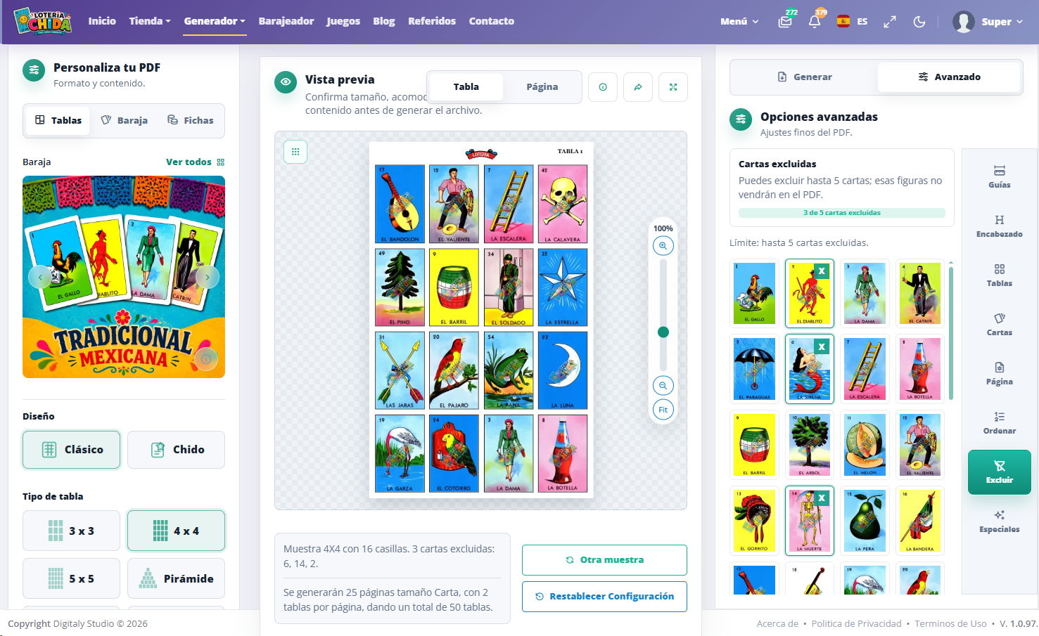 Generador con tres cartas excluidas: El Diablito, La Sirena y La Muerte